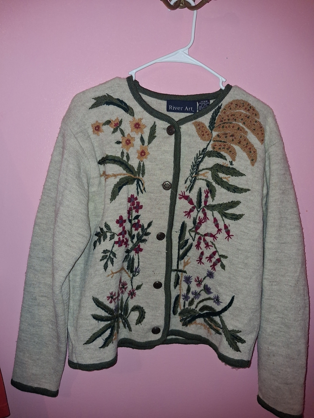 River Art 100% Wool Embroidered Floral Cardigan Sweater Size Medium M/M Cottagec